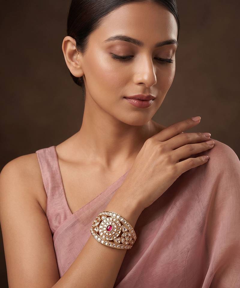 Gold plated ruby pink polki kundan bracelet