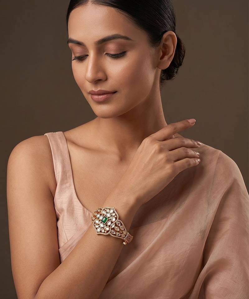 Gold plated green kundan bracelet