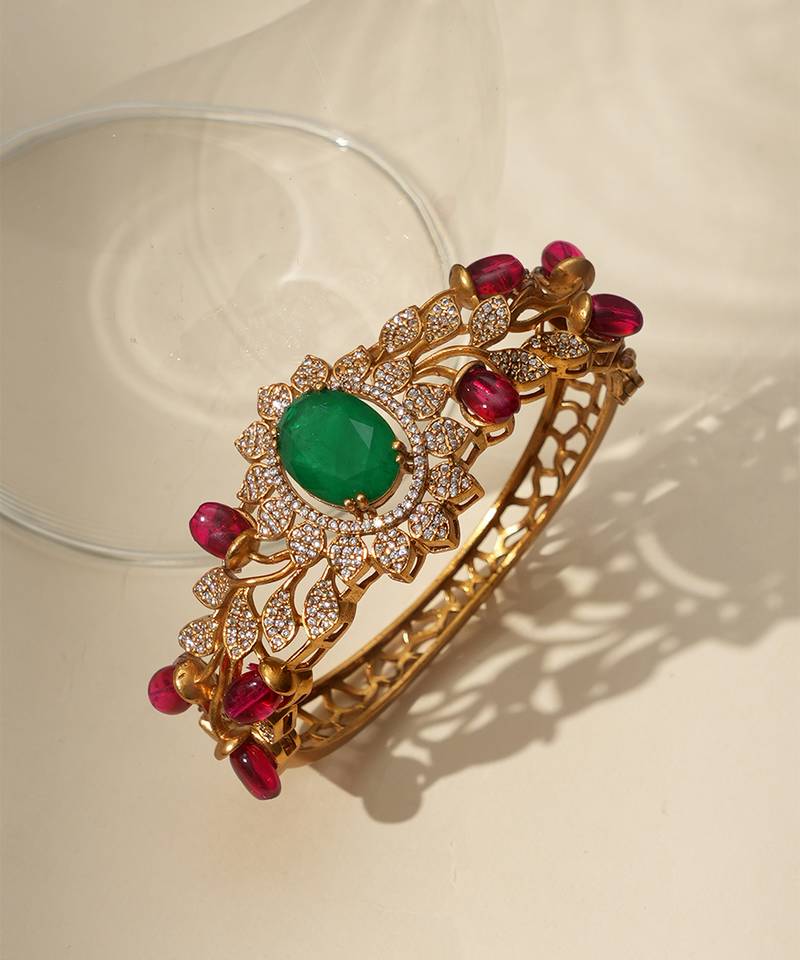 Gold plated green stone kundan bracelet