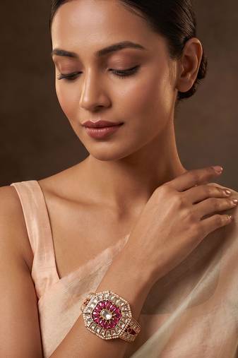 Gold plated ruby pink kundan bracelet