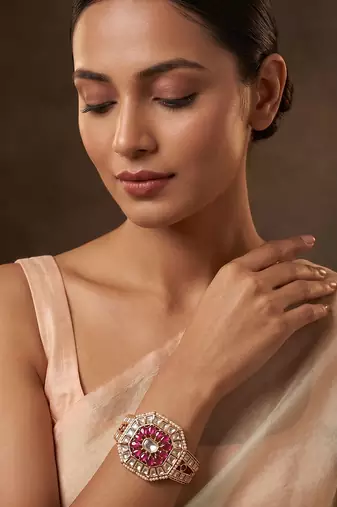 Gold plated ruby pink kundan bracelet