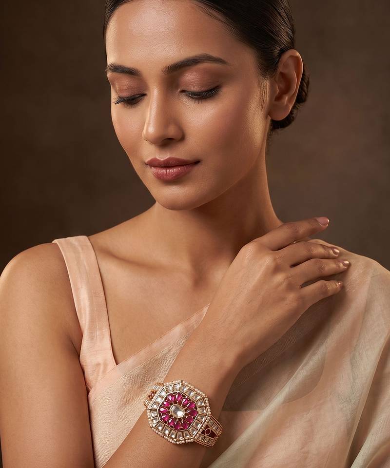 Gold plated ruby pink kundan bracelet