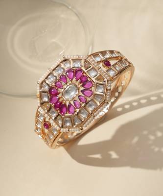 Gold plated ruby pink kundan bracelet 2