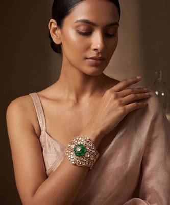 Gold plated royal green floral stone kundan bracelet 1