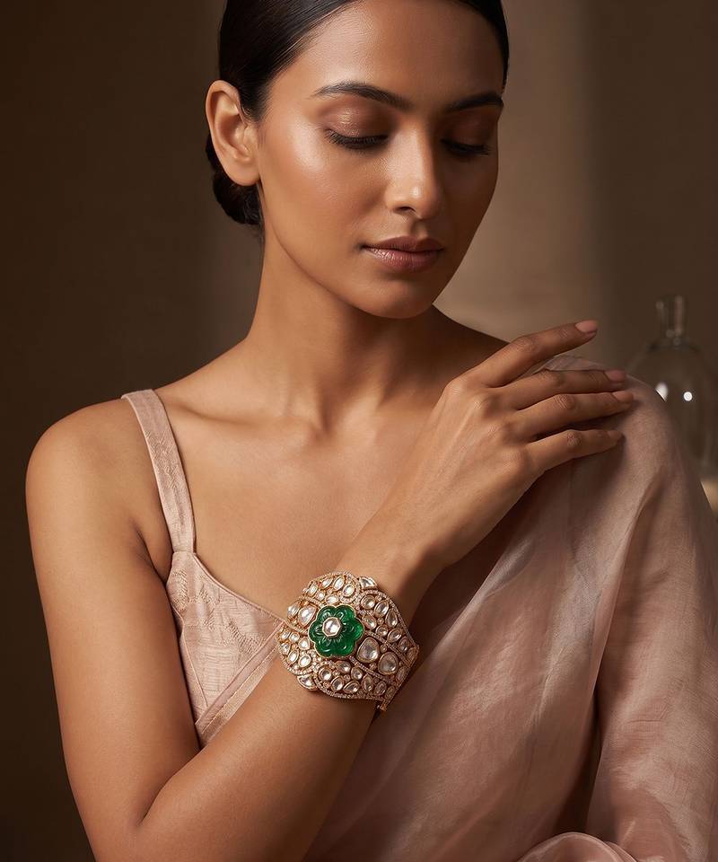 Gold plated royal green floral stone kundan bracelet