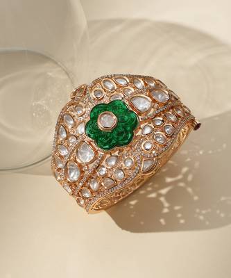 Gold plated royal green floral stone kundan bracelet 2