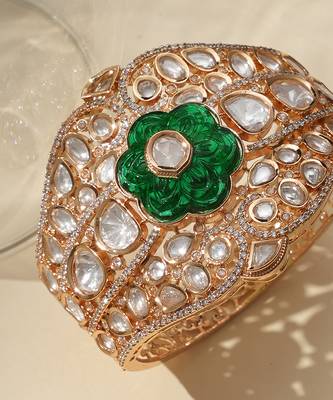 Gold plated royal green floral stone kundan bracelet 3