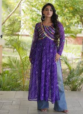 Women   s bandhani print kurti with kutchi patchwork | free size 38   44 | faux georgette 1