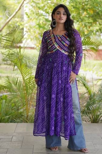 Women   s bandhani print kurti with kutchi patchwork | free size 38   44 | faux georgette