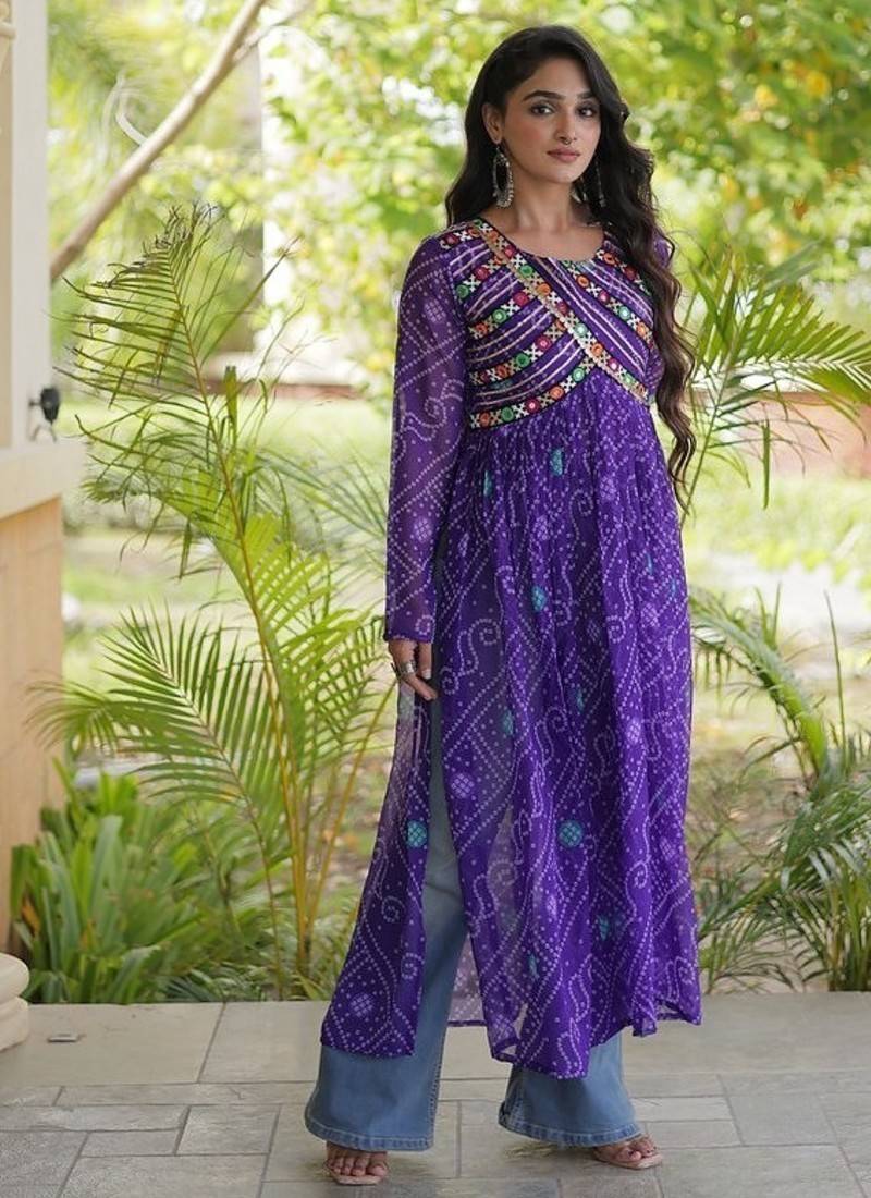 Women   s bandhani print kurti with kutchi patchwork | free size 38   44 | faux georgette