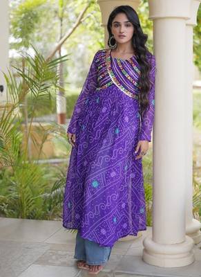 Women   s bandhani print kurti with kutchi patchwork | free size 38   44 | faux georgette 3