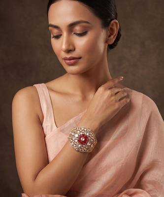 Gold plated red floral stone kundan bracelet 1