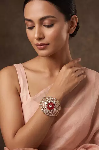 Gold plated red floral stone kundan bracelet