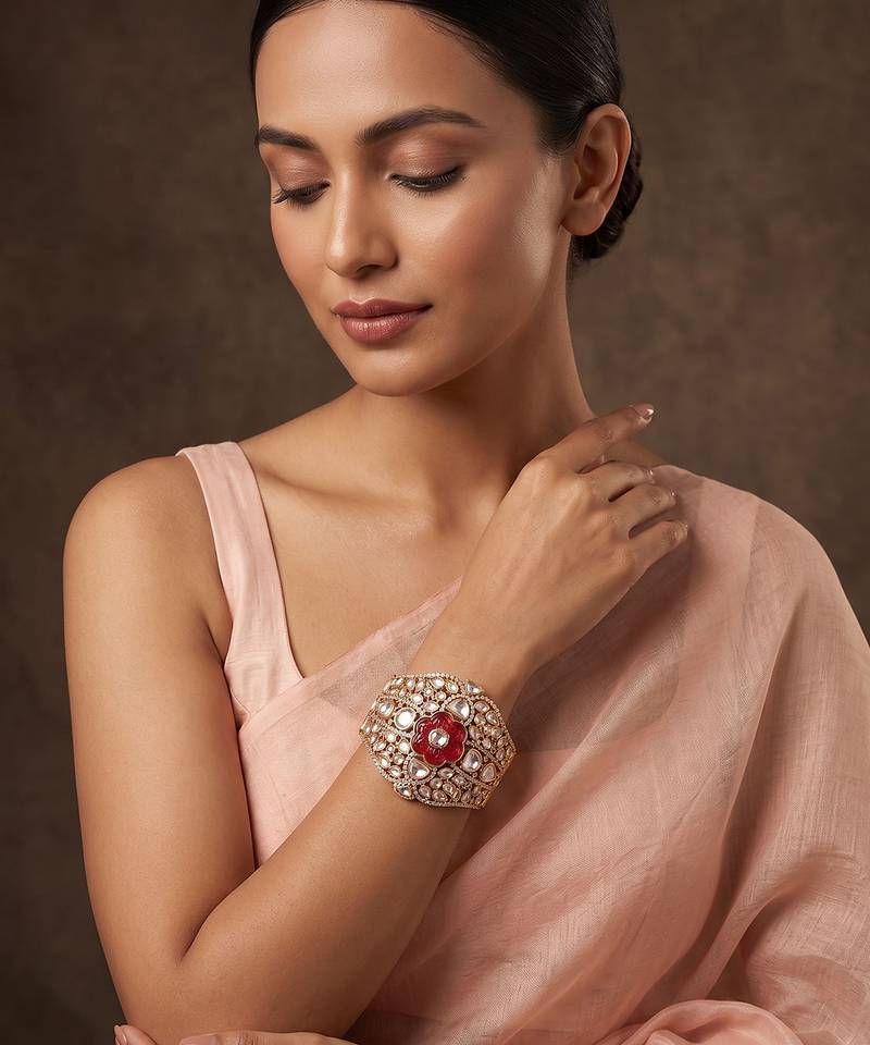 Gold plated red floral stone kundan bracelet