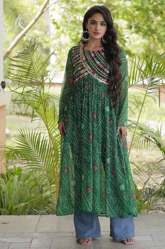  bandhani print kurti with kutchi patchwork -  free size 