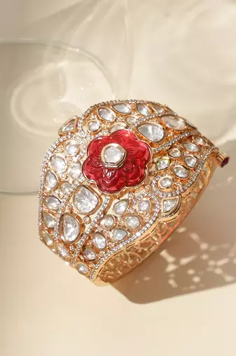 Gold plated red floral stone kundan bracelet