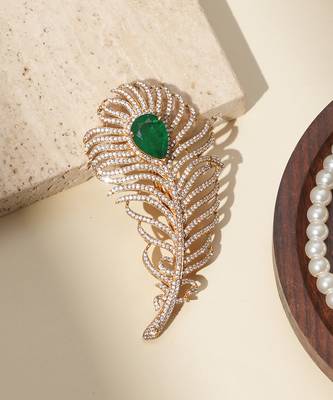 Gold plated green stone american diamond leaf brooch 1