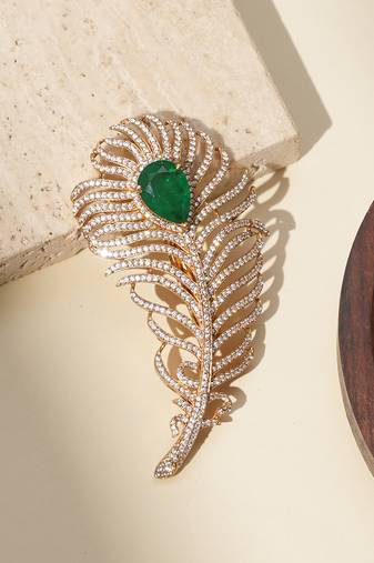Gold plated green stone american diamond leaf brooch
