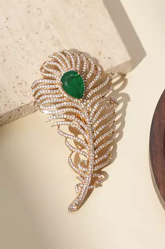 Gold plated green stone american diamond leaf brooch