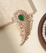 Gold plated green stone american diamond leaf brooch