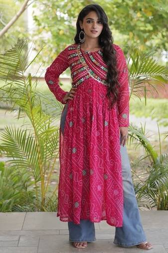 bandhani print kurti with kutchi patchwork -  free size 