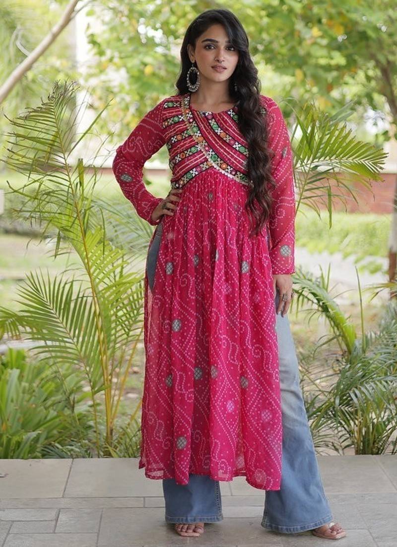  bandhani print kurti with kutchi patchwork -  free size 