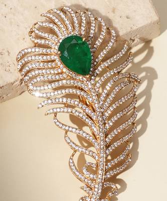 Gold plated green stone american diamond leaf brooch 2