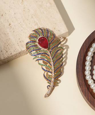 Gold plated red stone american diamond leaf brooch 1