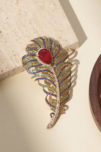 Gold plated red stone american diamond leaf brooch
