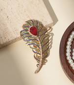 Gold plated red stone american diamond leaf brooch