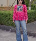 Women   s faux georgette bandhani print kurti with kutchi patchwork - free size