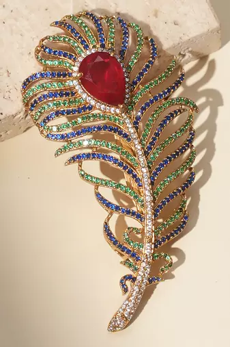 Gold plated red stone american diamond leaf brooch