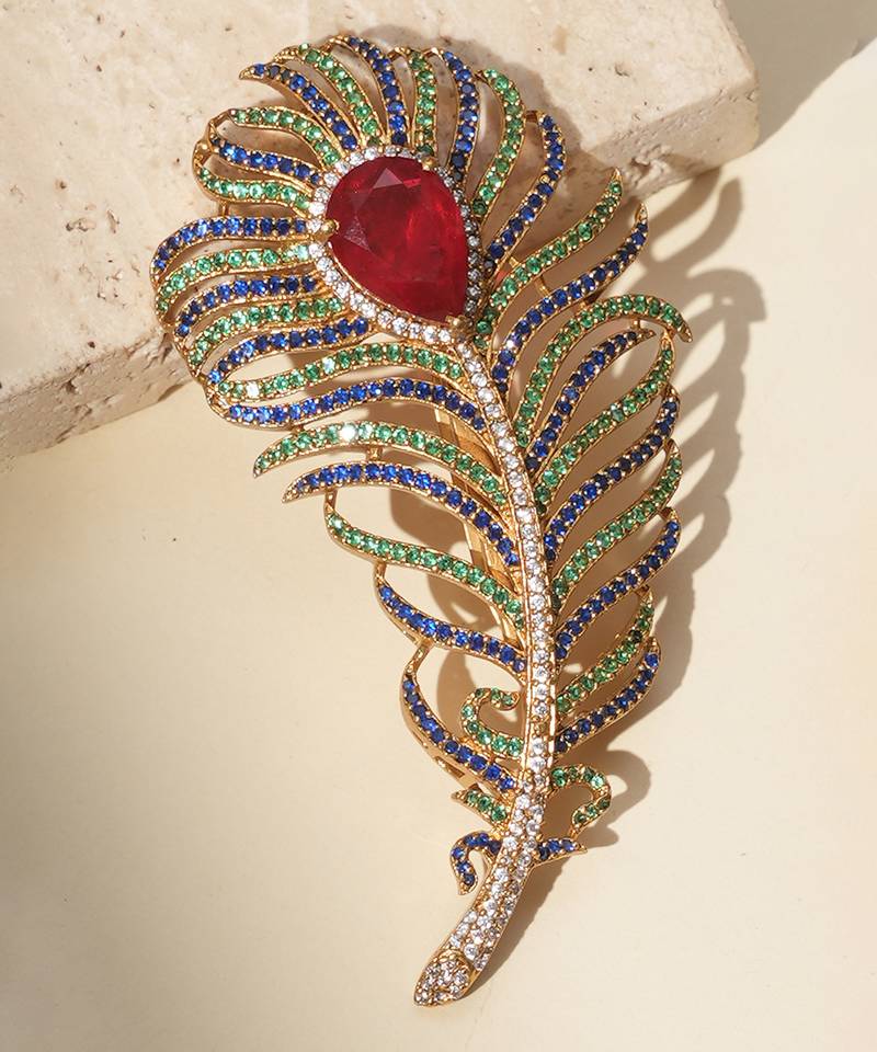 Gold plated red stone american diamond leaf brooch