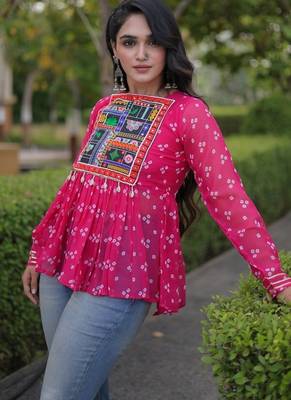 Women   s faux georgette bandhani print kurti with kutchi patchwork - free size 4