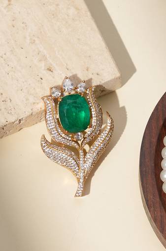 Gold plated green stone kundan rose motif brooch