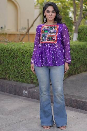  bandhani print kurti with kutchi patchwork -  free size 