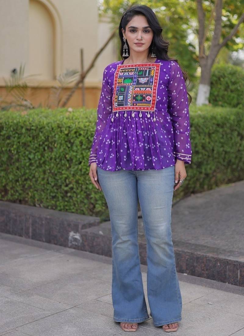  bandhani print kurti with kutchi patchwork -  free size 