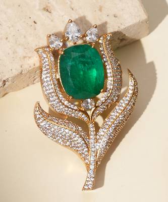 Gold plated green stone kundan rose motif brooch 2