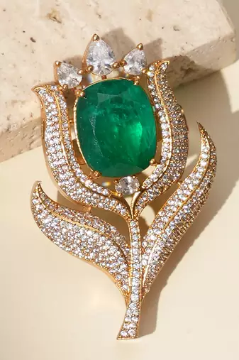 Gold plated green stone kundan rose motif brooch