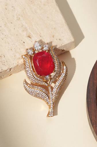 Gold plated ruby red kundan rose motif brooch