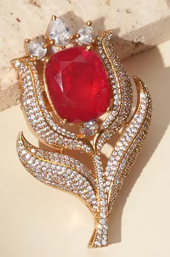 Gold plated ruby red kundan rose motif brooch