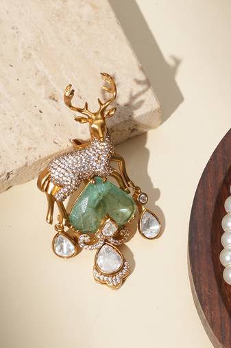 Gold plated mint green kundan deer motif brooch