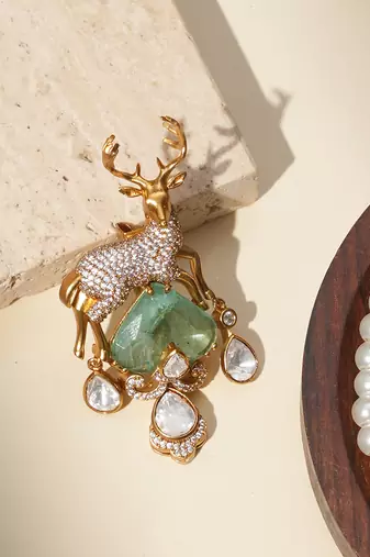 Gold plated mint green kundan deer motif brooch