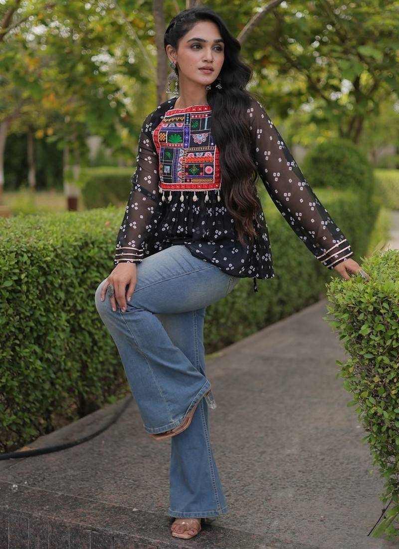  bandhani print kurti with kutchi patchwork -  free size 