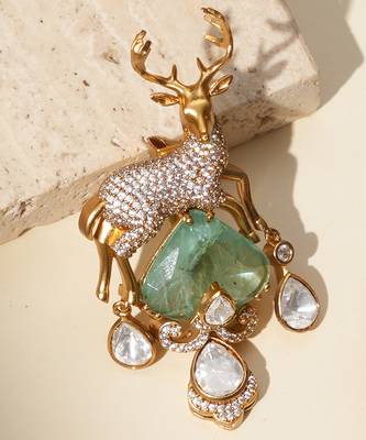 Gold plated mint green kundan deer motif brooch 2