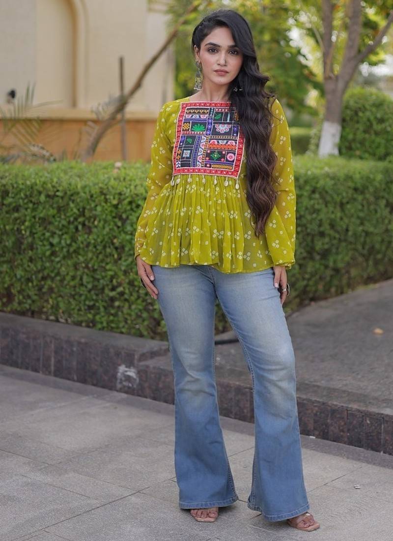  bandhani print kurti with kutchi patchwork -  free size 