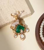 Gold plated green stone kundan dear motif brooch