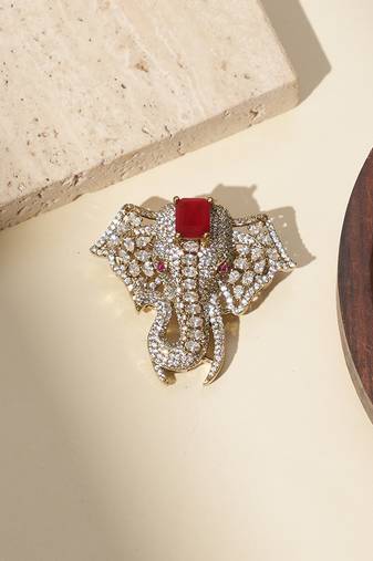 Gold plated red stone american diamond brooch