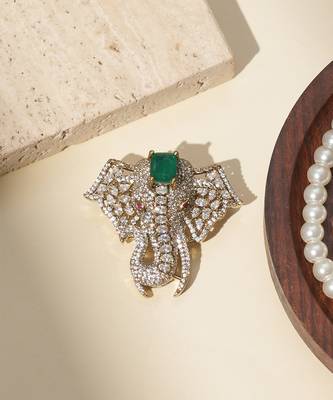 Gold plated green stone american diamond brooch 1