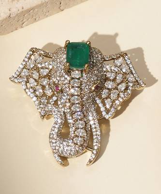 Gold plated green stone american diamond brooch 2